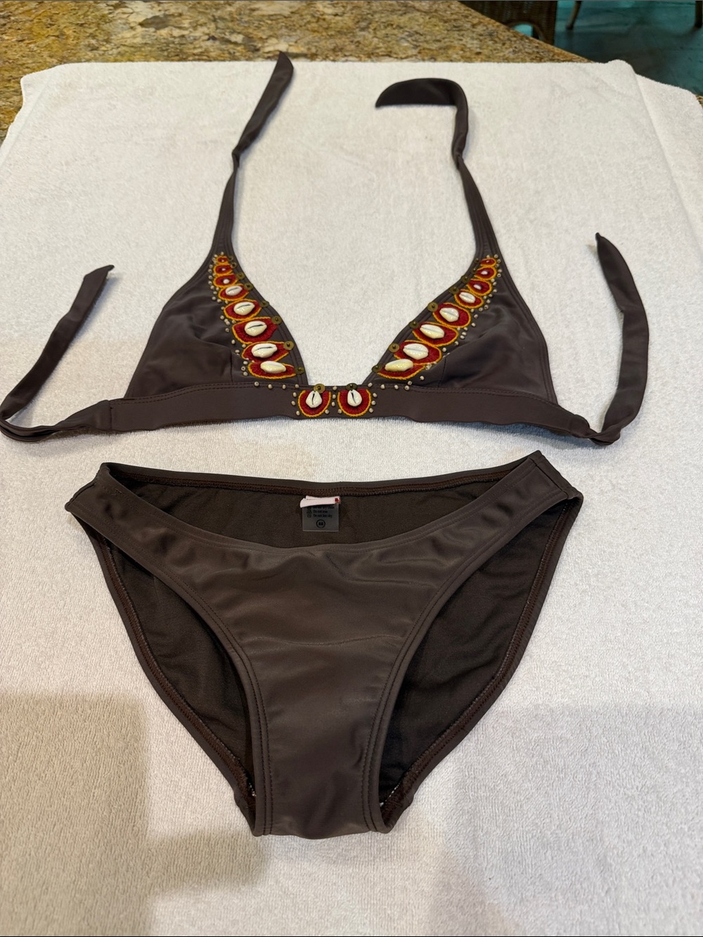 Embellished Brown Triangle Bikini Set with Bead & Shell Accents